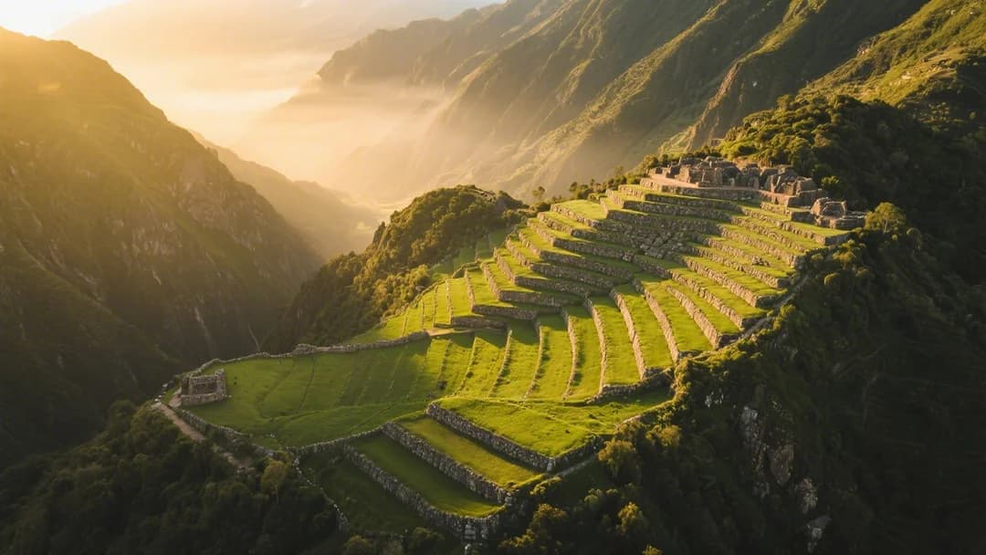 Vista aérea de las terrazas agrícolas incas en el complejo arqueológico de Pisac.