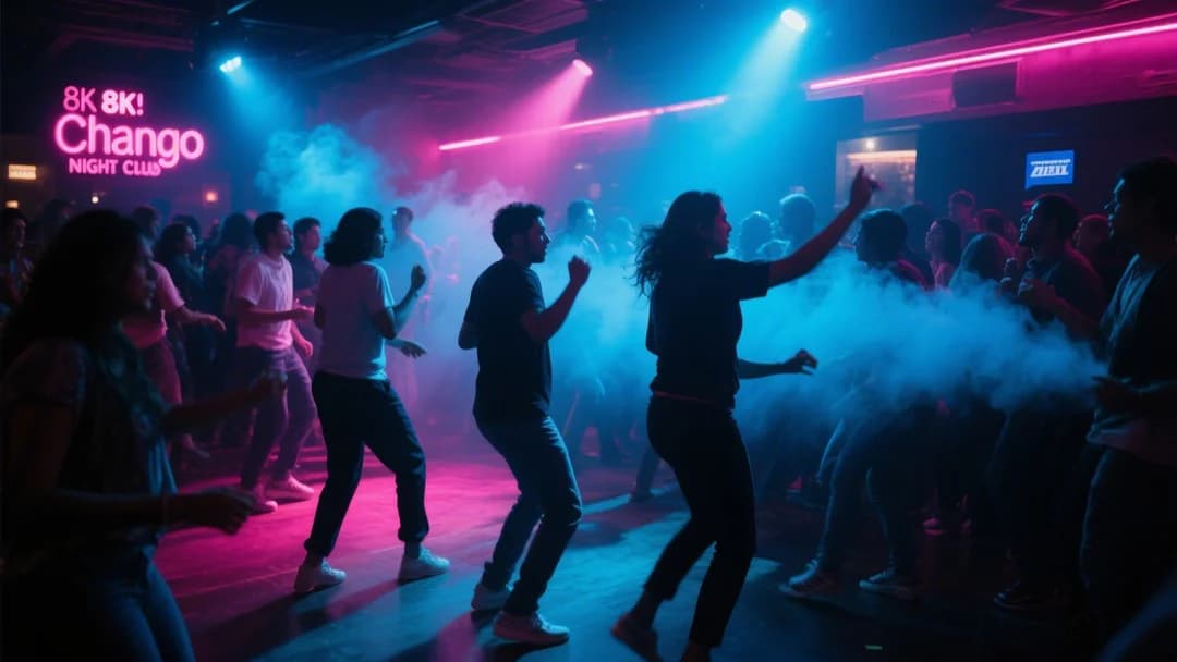 Interior de Chango, discoteca en Cusco, con luces de neón y gente bailando.