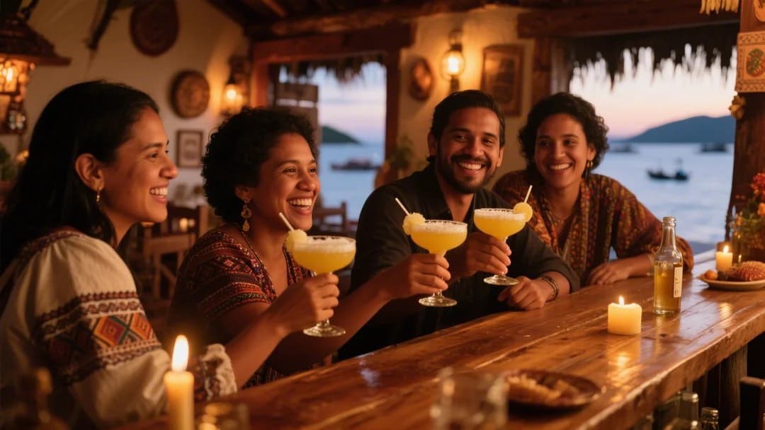 Grupo de amigos brindando con pisco sours en un bar de Cusco.