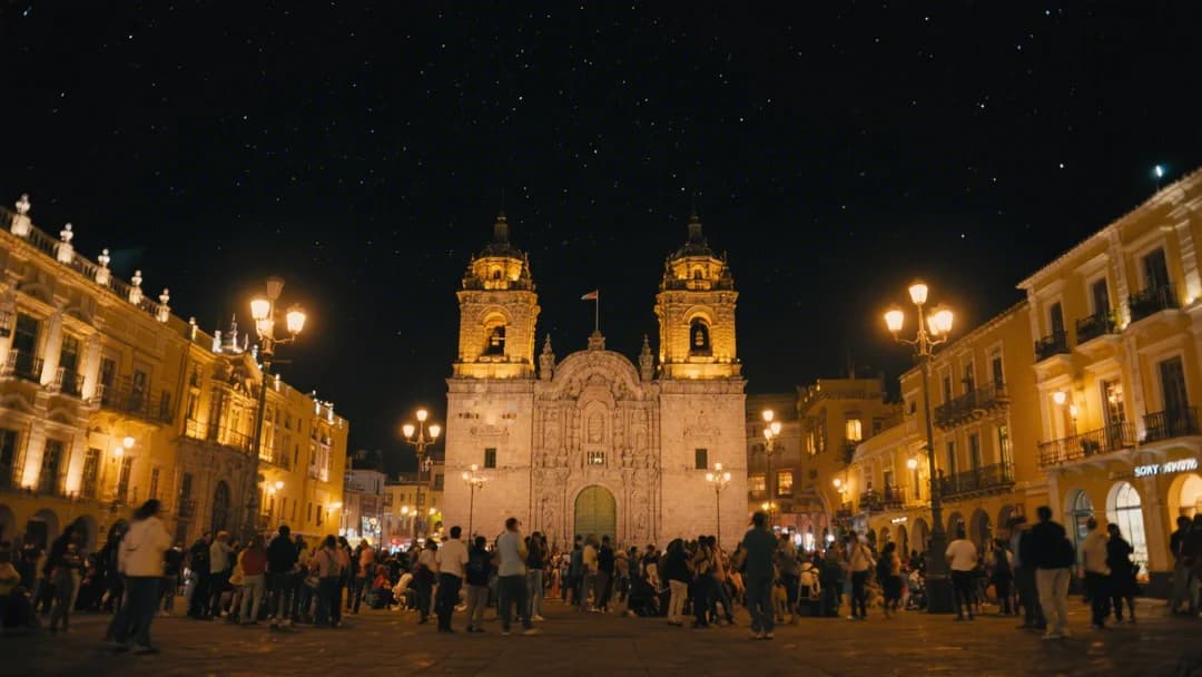 Vista nocturna de la Plaza de Armas de Cusco iluminada, con gente disfrutando de la vida nocturna.