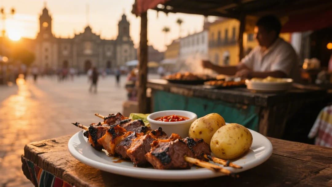 Anticuchos servidos con papas y ají en Cusco