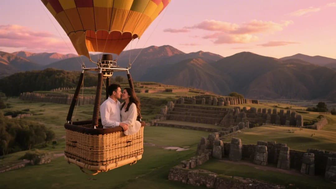 Pareja disfrutando de un paseo en globo aerostático sobre Sacsayhuamán al atardecer