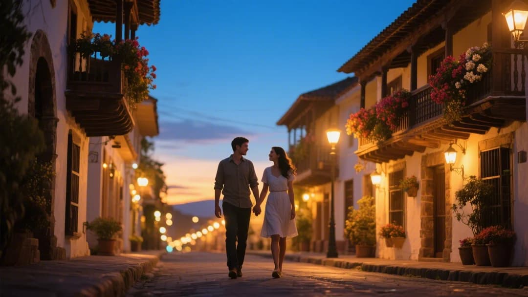 Calle empedrada del barrio San Blas al atardecer con pareja caminando de la mano