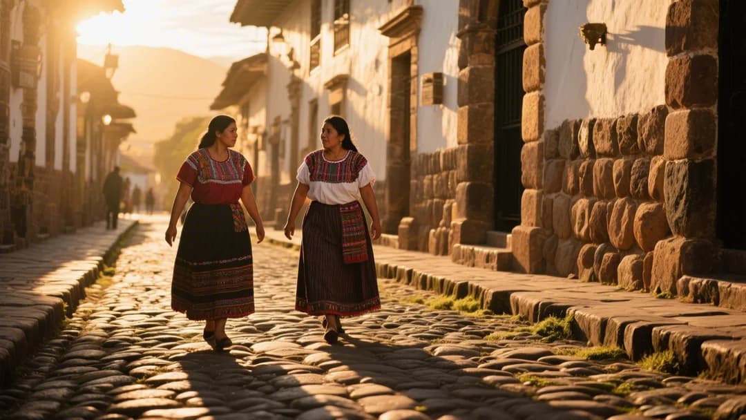 Calles empedradas del centro histórico de Cusco al atardecer.