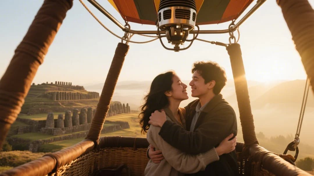 Pareja abrazada dentro de un globo aerostático con Sacsayhuamán de fondo