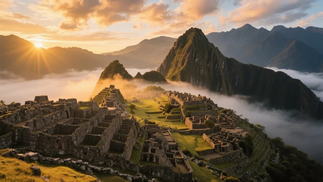 Vista panorámica de Machu Picchu al amanecer con montañas nevadas de fondo.