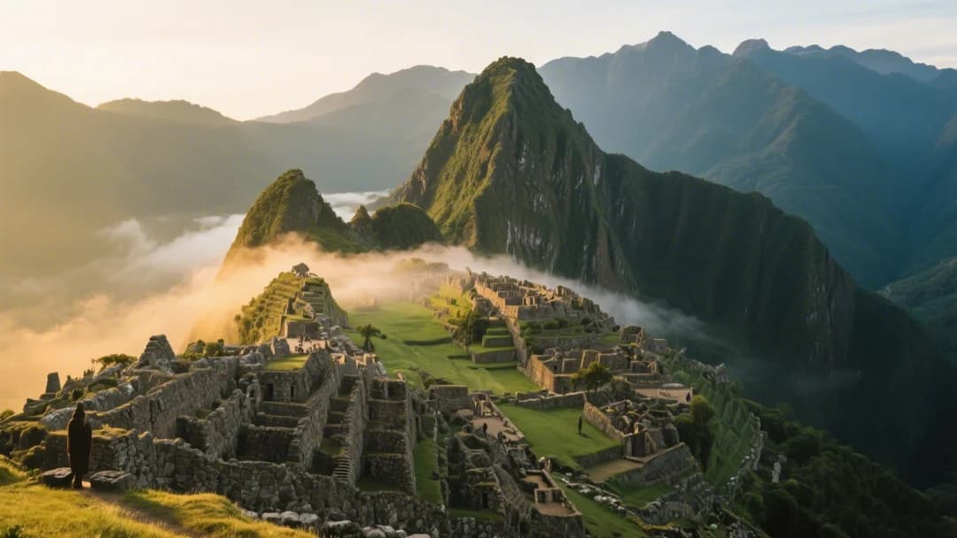 Vista clásica de Machu Picchu con las montañas de fondo.