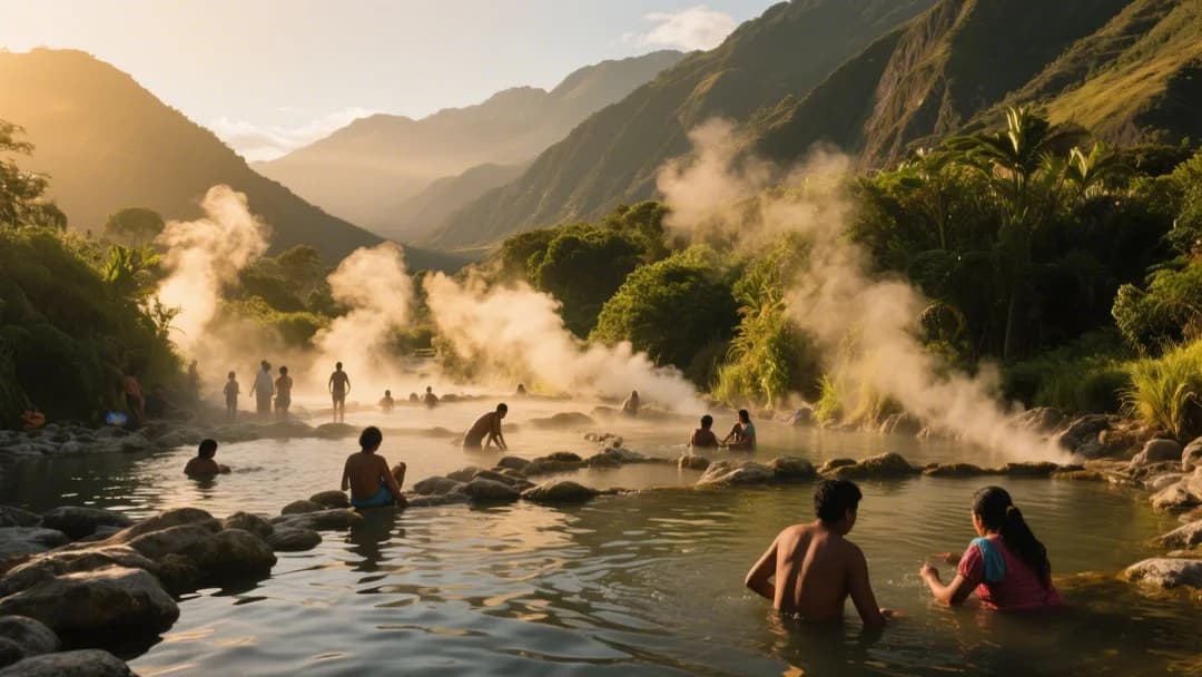 Vista panorámica de las aguas termales de Ocobamba en Cusco, Perú, con vapor ascendiendo de las piscinas naturales rodeadas de montañas.