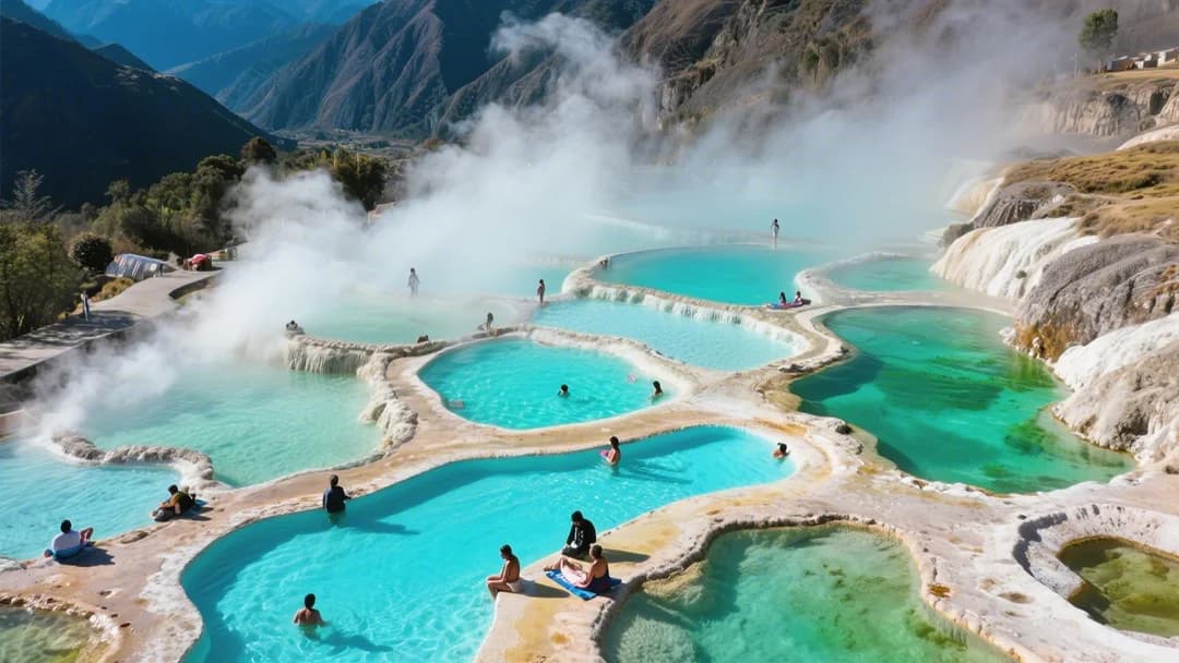 Vista aérea del complejo de aguas termales de Ocobamba mostrando las diferentes piscinas.