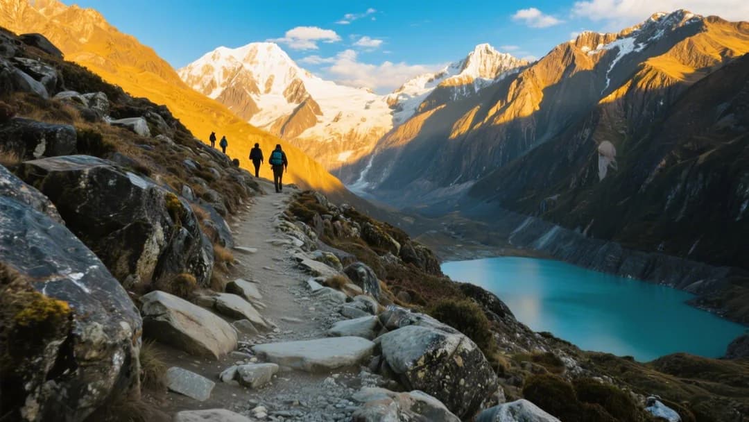Camino empedrado hacia la Laguna Humantay con montañas de fondo.