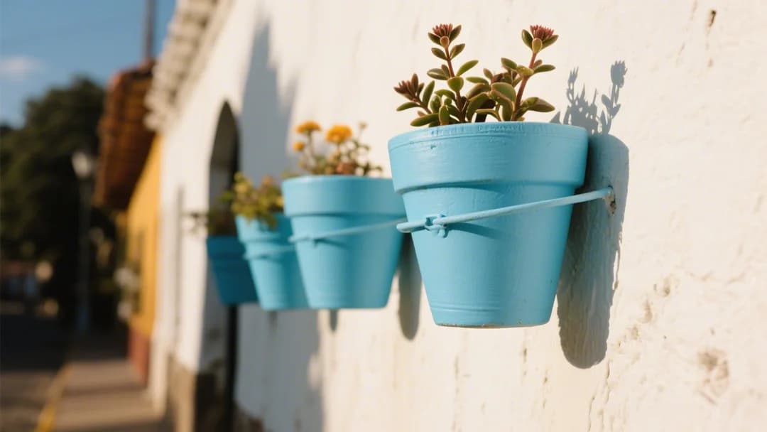 Detalle de las macetas celestes y paredes blancas en la Calle Resbalosa de Cusco.