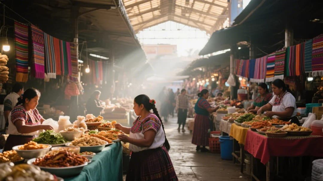 Vista colorida del Mercado San Pedro en Cusco con puestos de comida tradicional