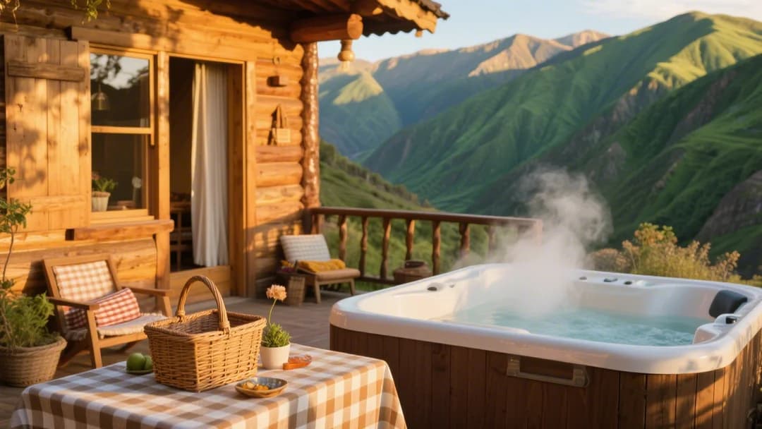 Cabañas de Mount Saint View en Maras, Cusco, con montañas al fondo.