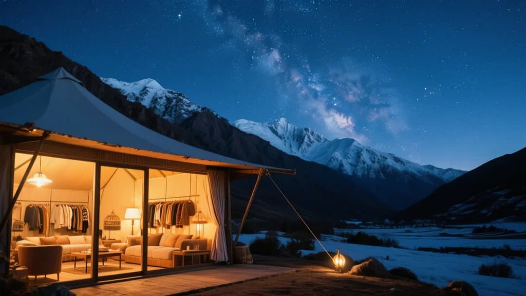 Vista panorámica de un glamping en Cusco, Perú, con montañas al fondo y un cielo estrellado.