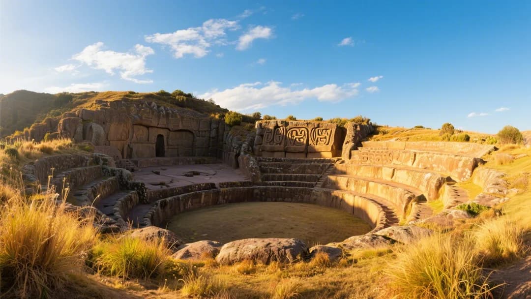 Vista panorámica del anfiteatro semicircular de Kenko en Cusco, Perú.