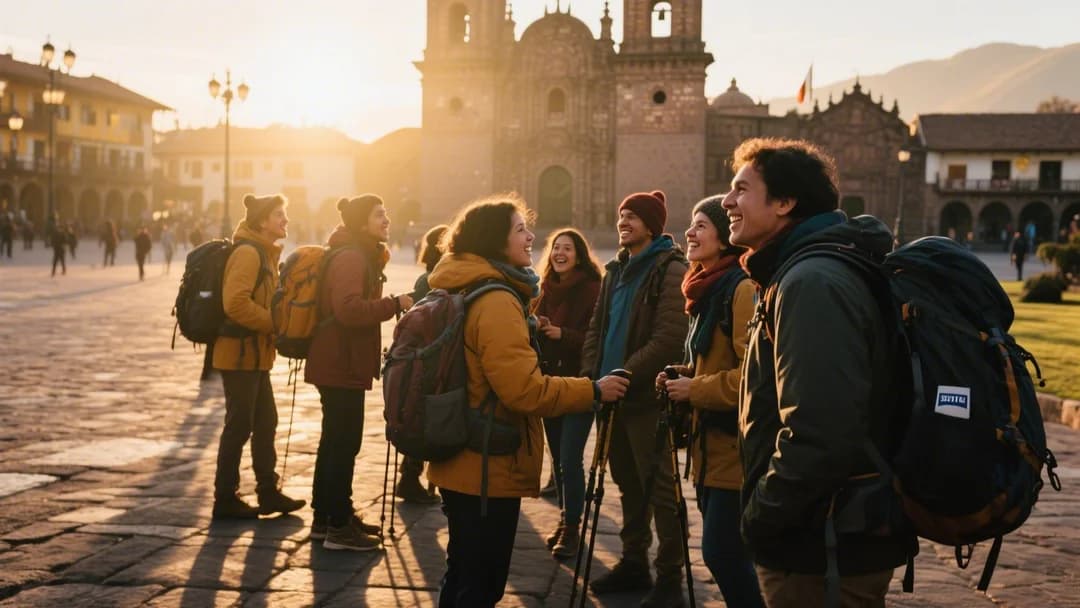 Grupo de turistas preparándose para la excursión en Cusco al amanecer.