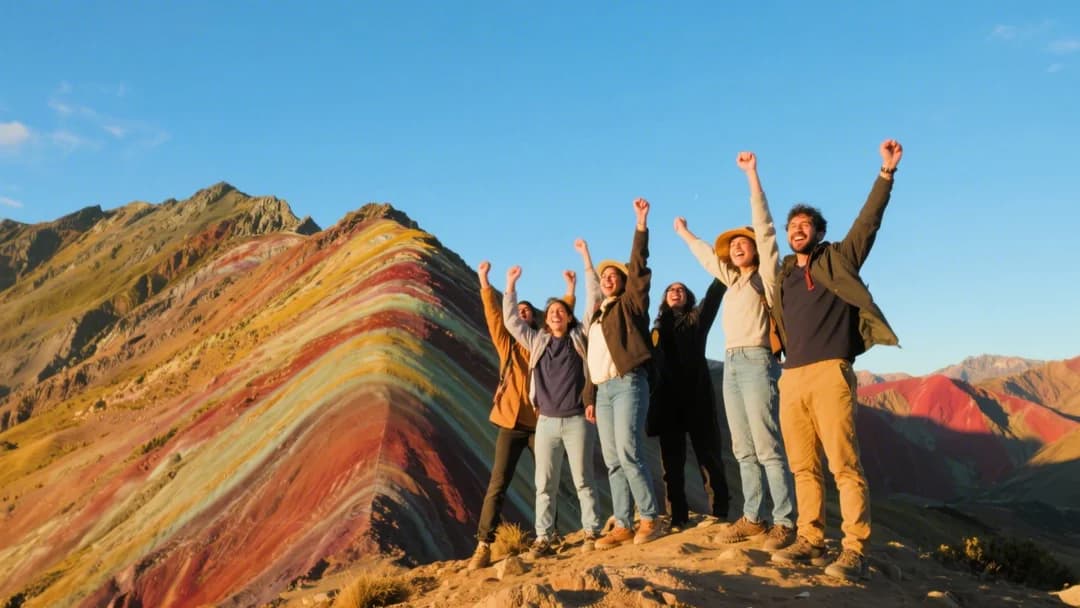 Turistas celebrando en la cima de la Montaña de los 7 Colores.