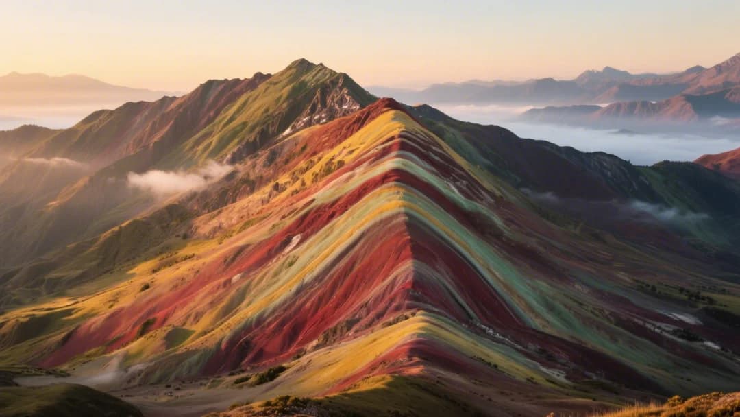 Vista panorámica de la Montaña de los 7 Colores en Cusco al amanecer.