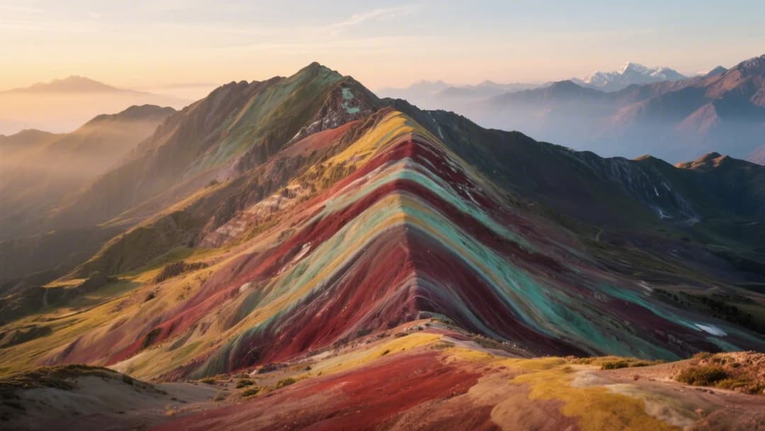 Vista panorámica de la Montaña de 7 Colores en Cusco, Perú, mostrando sus franjas multicolores bajo un cielo azul despejado.
