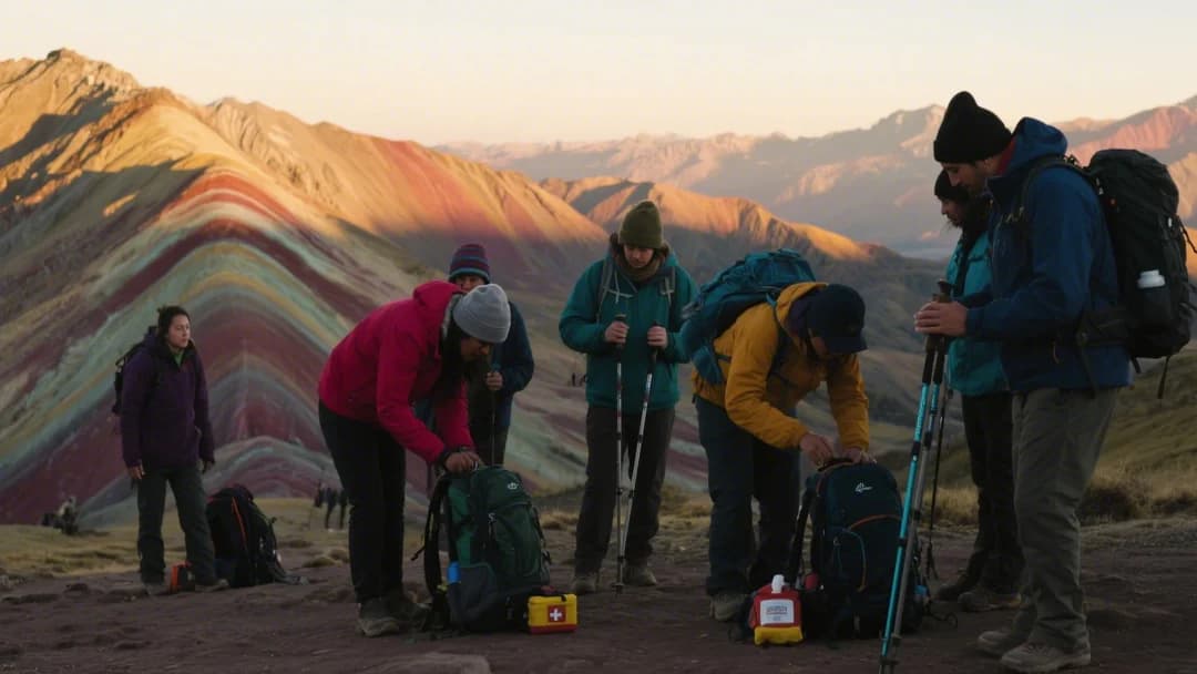 Turistas preparándose para la caminata hacia la Montaña de 7 Colores en Cusco