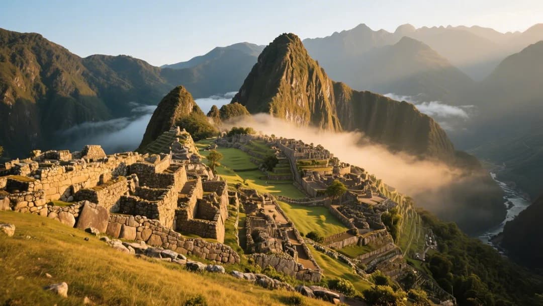 Amanecer en Machu Picchu con rayos de sol filtrándose entre las ruinas.