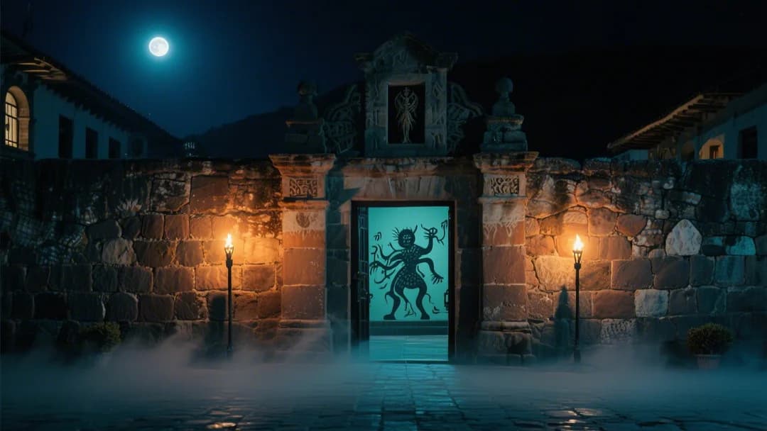 Entrada misteriosa de Sacrapacha iluminada por antorchas en la noche cusqueña