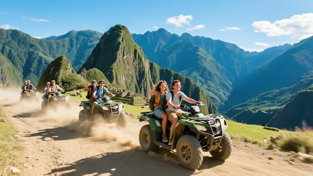 Grupo de turistas en cuatrimotos disfrutando del paisaje del Valle Sagrado en Cusco