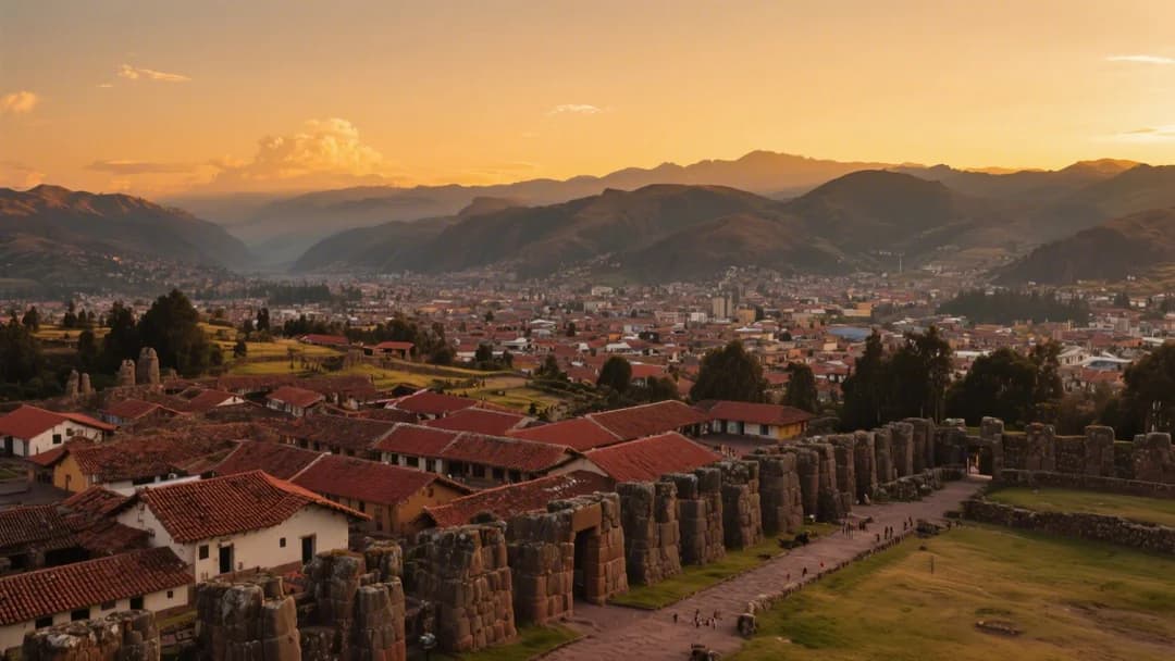 Vista panorámica de Cusco con techos rojos y montañas al fondo