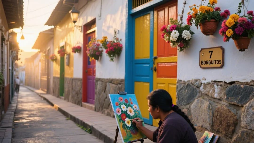 Calle 7 Borreguitos con flores colgantes y puertas coloridas