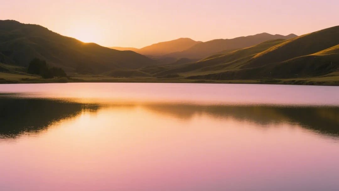 Laguna de Urcos al atardecer, reflejando los colores del cielo.