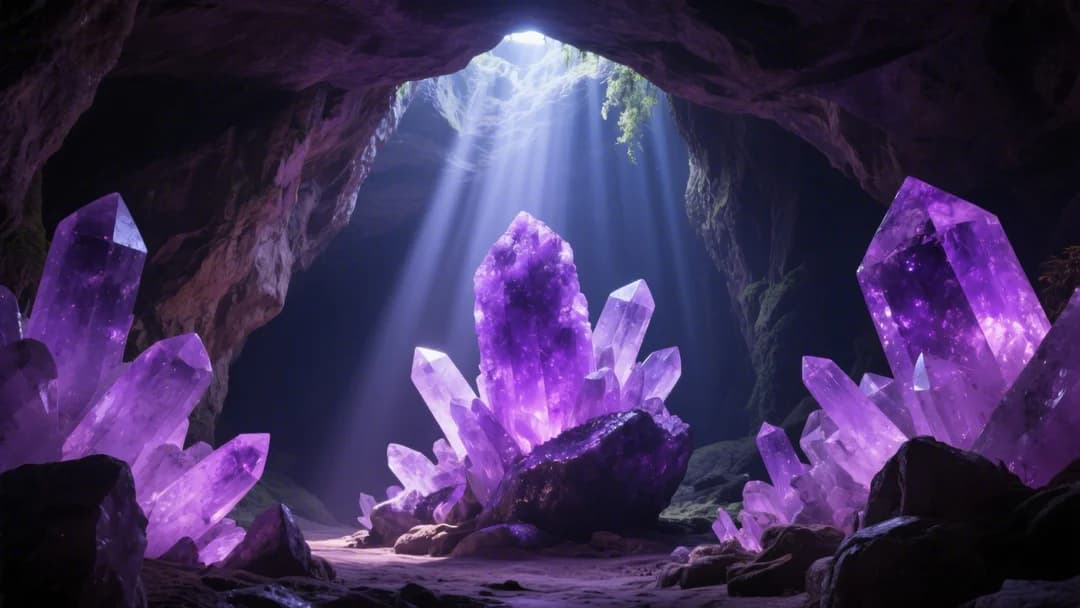 Interior de la cueva de cuarzos en la Morada de los Dioses con drusas de amatista iluminadas