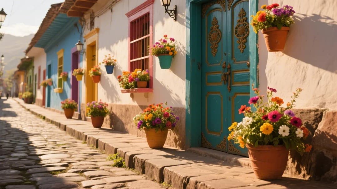 Calle 7 Borreguitos con sus coloridas puertas y maceteros floridos